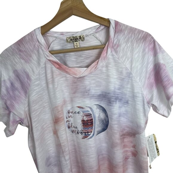 One World Tee Size Medium Tie Dye Graphic Twist Neckline "Once in a Blue Moon" - Picture 4 of 7